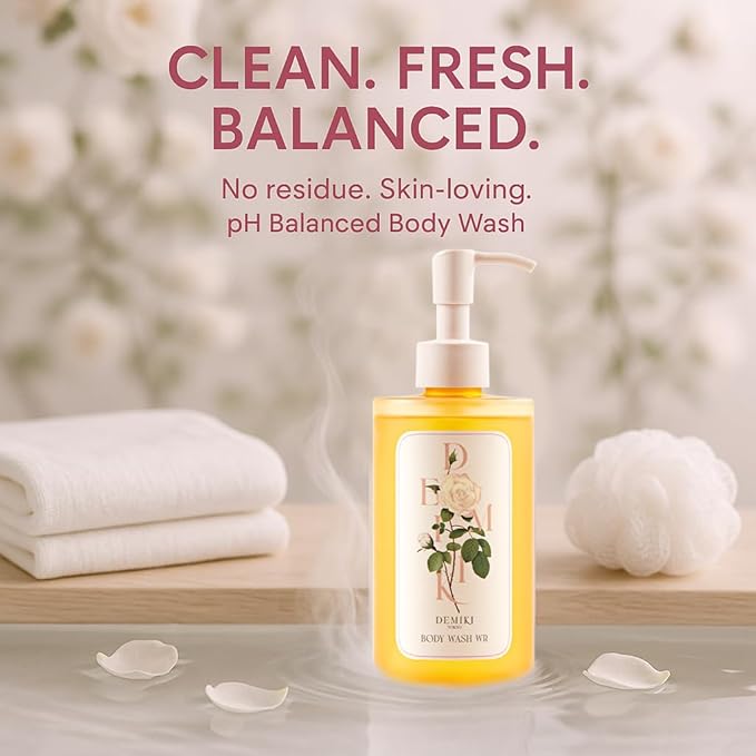 DEMIKI Hydrating Body Wash for Sensitive &amp Dry Skin White Rose Scent Nourishing Shower Oil for Women Winter Moisture Care Sulfate-Free Paraben-Free Dye-Free 10 fl oz
