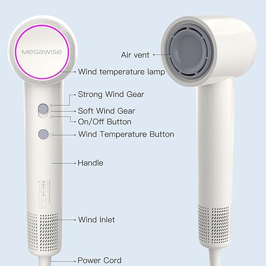 MEGAWISE Professional Ionic Hair Dryer with Diffuser High-Speed Ionic Low Noise Blow Dryer for Fast Drying 4 Temps/2 Speeds Lightweight Hairdryer with Concentrator Nozzle for Home Travel