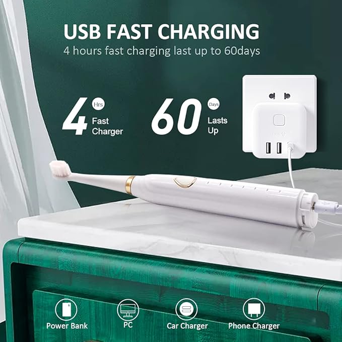 Sonic Electric Toothbrush USB Rechargeable Powerful Sonic Cleaning Tooth Brush with 6 Modes 5 Brush Heads + 1 Facial Cleansing Brush Head + 1 Face Massage Head Whitening Toothbrushes