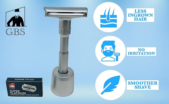 G.B.S Chrome Adjustable Men's Double Edge Safety Razor with Blades Stand and 10 G.B.S Platinum Blade Refills