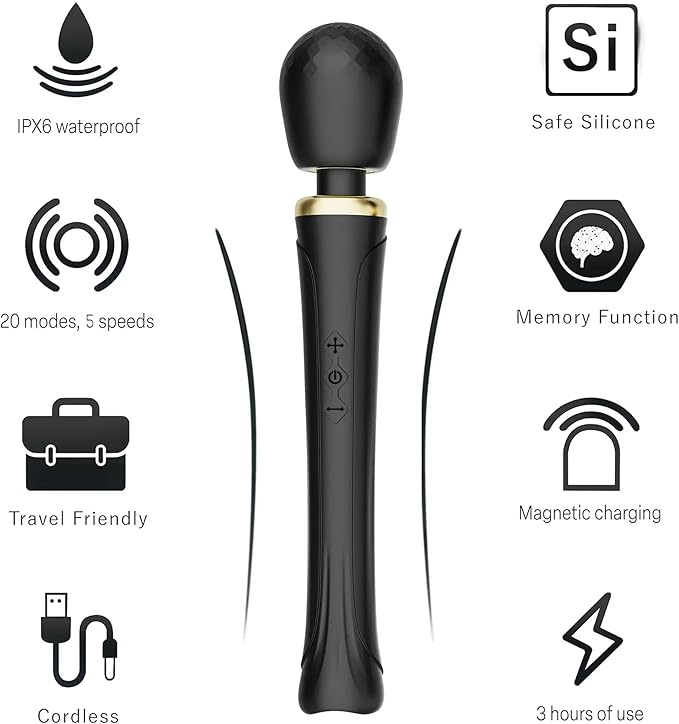 Therapeutic Cordless Massager - Powerful Massage Tool Handheld 8 Speeds 20 Patterns - Rechargeable Hand Massagers for Sore Muscles - Hand Held Massage Tool for Neck &amp Back