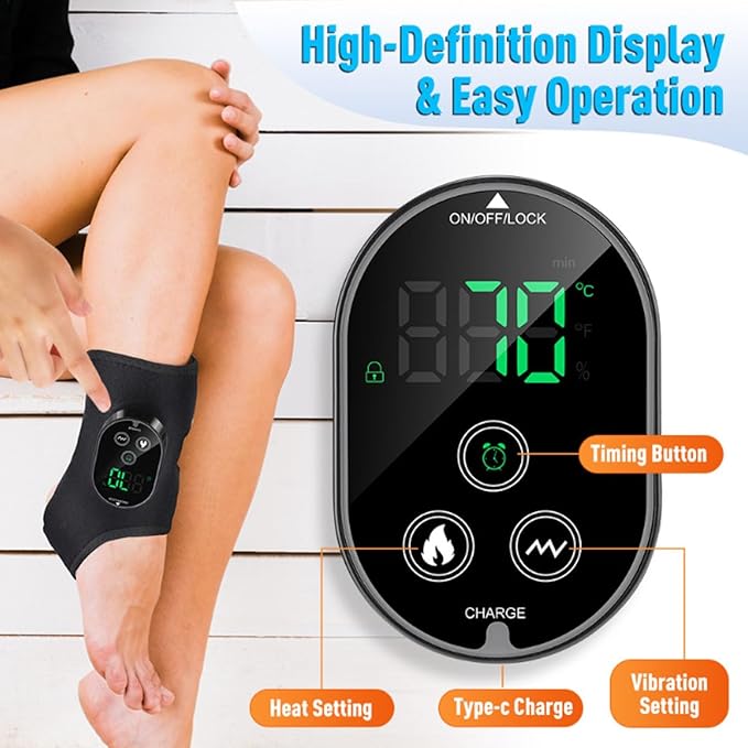 Ankle Massager3-in-1 Wearable Hot &amp Vibration Massager for Feet Ankles and Arms | Reusable Heating Pad Brace for Home Recovery (Black)