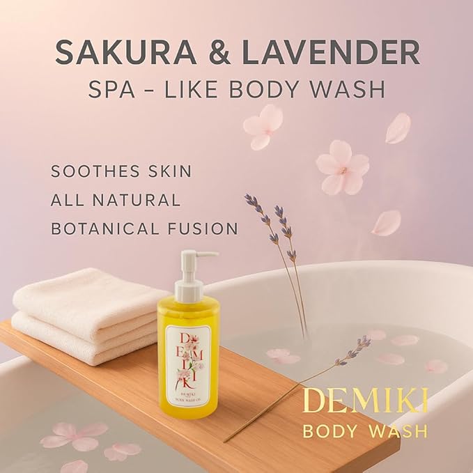 DEMIKI Body Wash Women Shower Gel for Dry and Sensitive Skin-Moisturizing shower gel with Japanese Sakura ScentShower Gel of Sulfate FreeParaben Free pH Balanced Body Wash Natural Bodywash 10fl.oz