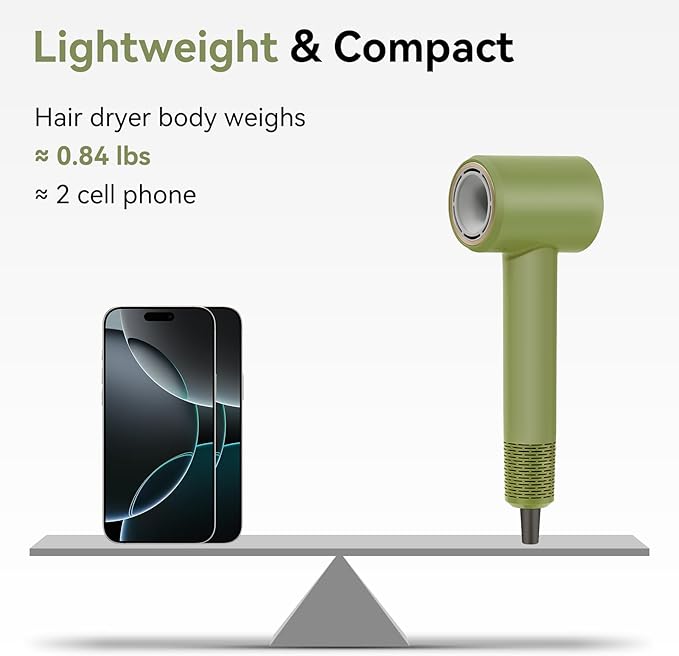 Dries Hair Quickly 500 Million Ion Hair Dryer Low Noise 160000 RPM Professional High Speed Fast Drying Lightweight Blow Dryer with Thermo-ControlGifts for Women for Home and Travel Green