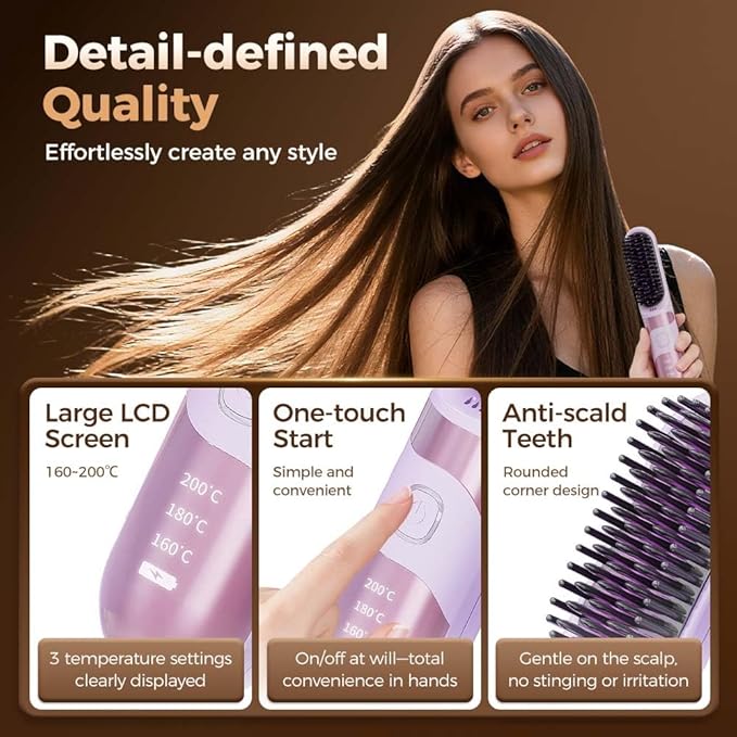 Go Brush 2026 New Cordless Straightening and Curling Brush Ideal for Fine Thick Stubborn Hair 3 Temperature Options Anti-Scald Safety Design USB Rechargeable (Black)