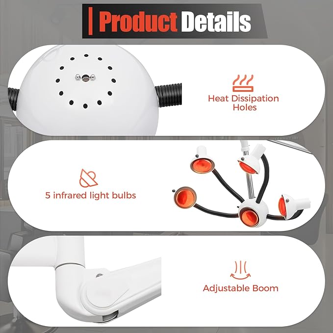 750W Professional Hair Dryer Wall Mounted Hair Dryer with Infrared Heat Bulbs 5 Head Salon Hairdressing Beauty Treatment for Hair Care Coloring Drying Baking