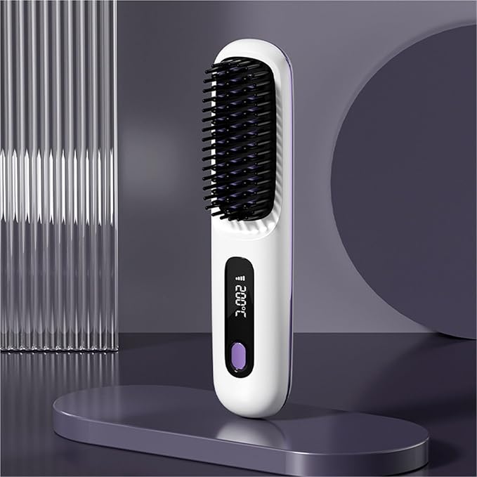 Cordless Hair Straightener Brush with LCD Temper Ature Display Rechargeable Heating 3 Adjustable Temperature Settings Portable Hair Straightener(White)