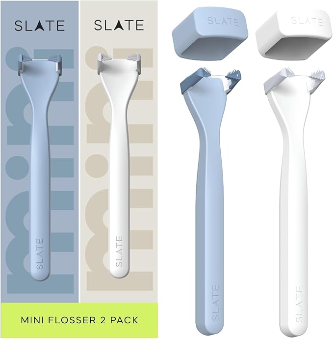 Slate Flosser Mini - Reusable Floss Pick with Gum Brush &amp Tongue Scraper Dentist-Invented PFAS/PTFE-Free Travel-Ready | White &amp Blue Nano-Hydroxyapatite (nHa) Mini Flosser 2-Pack