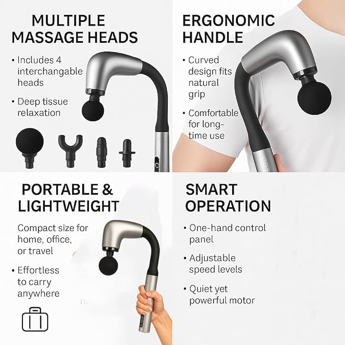 Handheld Cordless &amp Rechargeable Back Massager - Quiet - Full Body Massage Device for Women Aches Relief Sports Recovery and Deep Relaxation - Light Silver