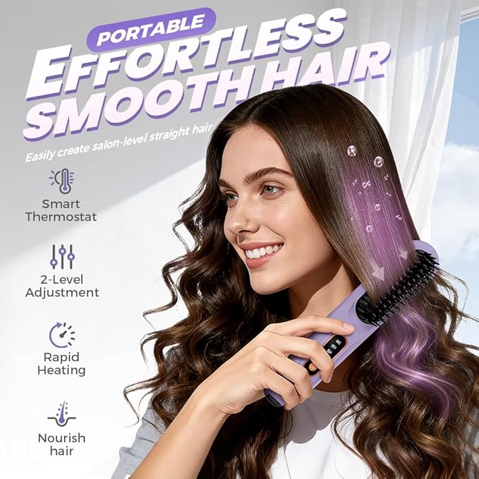 Hair Straightener Brush2026 New Portable Straightener Brushs for Travel Fast Heating Cordless Mini Hair Straightening Brush with LCD Temperature Display (Purple)