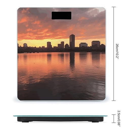 Boston Charles River City Skyline Sunset Scale for Body Weight Safe Rounded Corners Tempered Glass Digital Bathroom Scale LED Display 400lb Capacity Weight Scales with High Precision Sensors