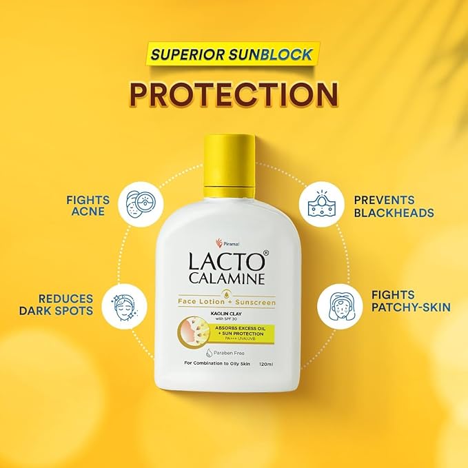 Lact'o Calamin'e Sunscreen Lotion with SPF 30 | 120ml |UVA + UVB PA+++ | Kaolin Clay &amp Zinc Oxide | Daily Face Moisturizer For Oily Skin | Lightweight &amp Non-Greasy | Face &amp Body Lotion