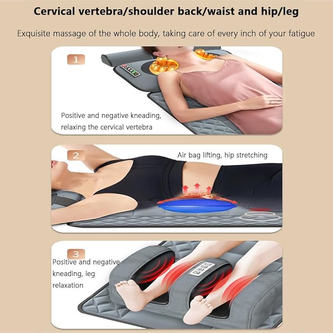 Back Massager Heated Massage Seat Cushion Nine-Level Intensity Adjustment 10/20/30 Minute Timer 10 Vibration Motors Leg and Foot Kneading Foldable Suitable for Home and Office Use