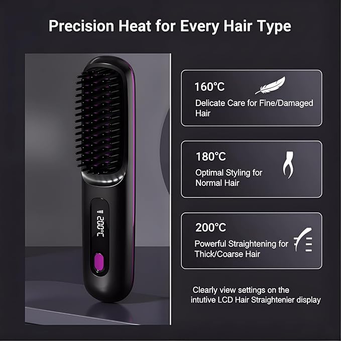 Cordless Hair Straightener Brush with LCD Display Ceramic Rechargeable Hair Straightener for Travel Fast Heating Portable Hair Straightener for Daily Use (Blue)