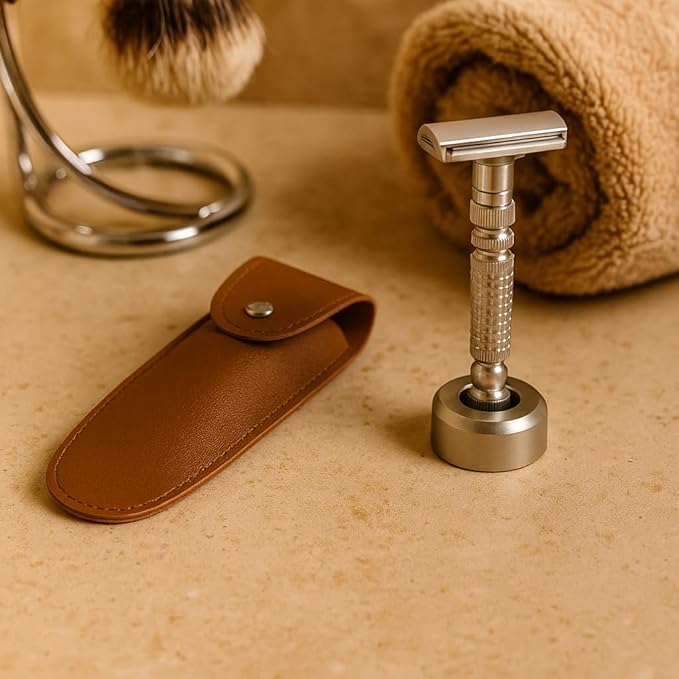 Adjustable double-edged safety razor with 10 platinum-plated stainless steel razor blades + optional stand + complimentary holster reusable razor smooth close shave (Silver + base + holster)