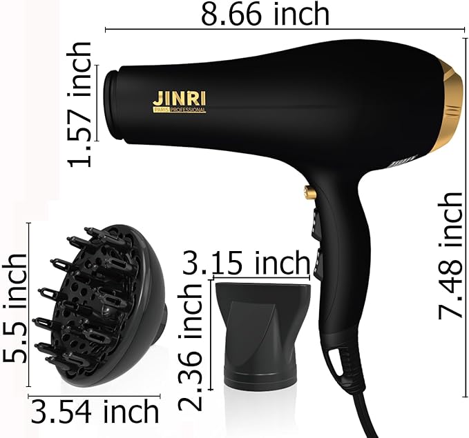 JINRI 2000W Hair Dryer with Negative Ion &amp Infrared - Black 3 Heat &amp 2 Speed Detachable Air Intake Concentrator/Diffuser Hanging Strap