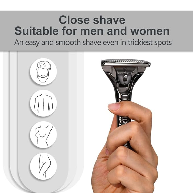 Magnetic Safety Razor for Men Single Blade Face Shaver with 2 Interchangeable Heads Smooth Roller Design Durable Metal Safety Razor Kit with 20 Blades - Black