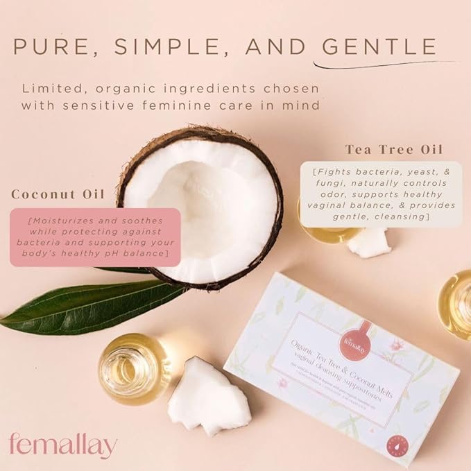 Femallay Organic Vaginal Melts – Tea Tree &amp Coconut Oil – Natural Feminine Odor Control pH Balance &amp Dryness Relief – 7 Count + Applicator