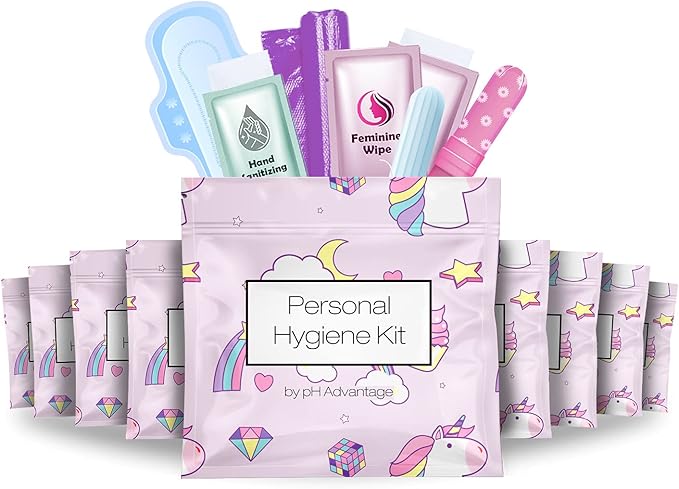 Menstrual Kit All-in-One 10 Pack | Convenience on The Go | Period Kit Pack for Travelling Tweens &amp Teenager | Individually Wrapped Feminine Hygiene Product (Rainbows and Unicorns)