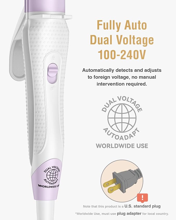Dual Voltage Purple Travel Curling Iron with European Travel Plug Adapter