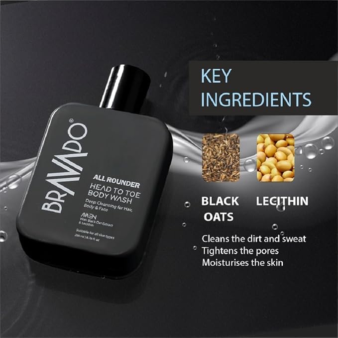 BRA.VADO All Rounder Head to Toe Body Wash | 3-in-1 Gentle Formula for Hair Body &amp Face | Deep Cleansing &amp Hydrating with Black Oat &amp Lecithin | Refreshing Toxin-Free Perfect for Daily
