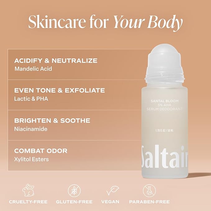 Saltair Serum Deodorant 2 Pack – Santal Bloom Scent – 5% AHA – Aluminum-Free Odor Control for Women &amp Men – Mandelic Acid Deodorant with Lactic Acid – 2x 1.7oz Travel Roll On