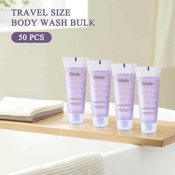 Travel Size Body Wash Bulk (1 fl oz 50 Pack) Refreshing Hotel Body Wash Mini and Small Size Shower Gel Guest Hotel Toiletries in Bulk