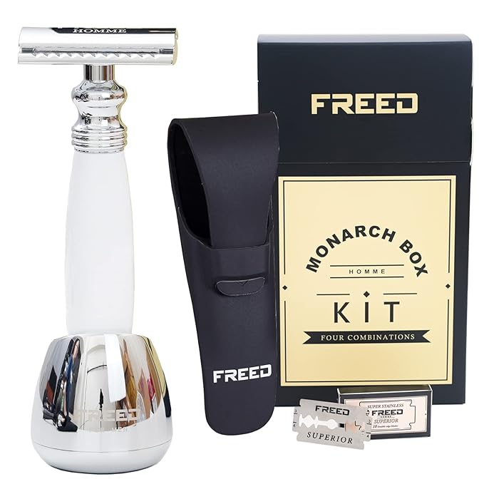 FREED Shaving Kit for Men - Safety Razor with alloy handle and 10 Japanese 6cr13 Stainless Steel include razor base razor travel case christmas gifts for MenMade in Taiwan