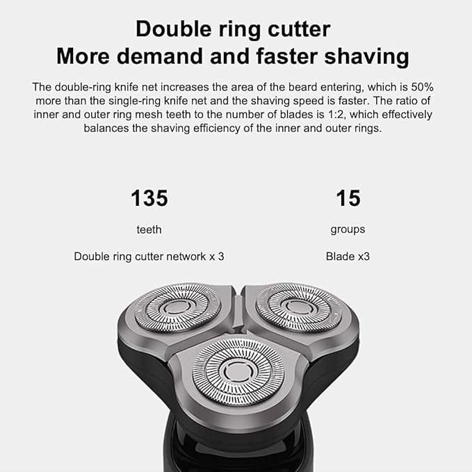 Electric Head Hair Shaver Men Rotary Shaver Razor Waterproof Wet/Dry Rechargeable Cordless USB LED DisplayBlack