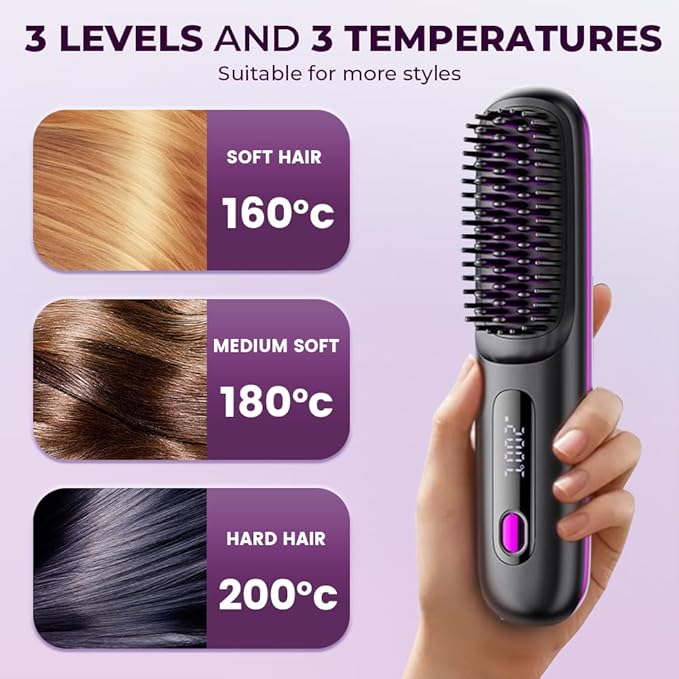 2026 Upgraded Cordless Hair Straightener Brush Fast Heating Portable Hair Straightener Comb for Women Travel Essentials with 3 Adjustable Temperature Black