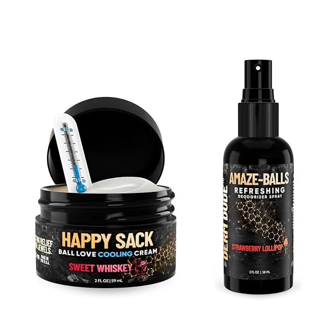 Derm Dude Below-the-Belt Deodorant Bundle | Happy Sack Anti-Chafing Cream 2oz + Amaze Ball Deodorant Spray 2oz | Groin &amp Sack Odor Control Sweat Protection Talc-Free Aluminum-Free with DeoPlex