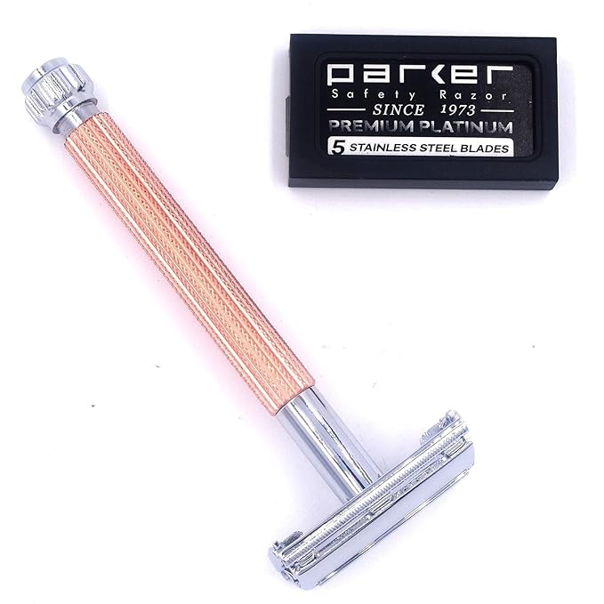 Parker 29L Rose Gold Long Handle Butterfly Open Double Edge Safety Razor for Men &amp Women 5 Parker Premium Platinum Double Edge Razor Blades Included