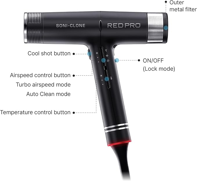 RED Pro Hair Dryer Soni-Clone 110000 RPM High Speed BLDC Motor Dryer Strong Air Flow for Fast Drying Lightweight with Luxury Home &amp Travel Pouch Magnetic Nozzle Hair Pik Diffuser &amp Concen