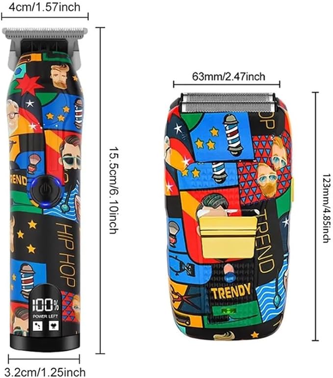 Fully Graffitied Electric Trimmer Two-Piece Set Rechargeable Cordless Hair Clippers Men's graffitied Razor Graffitied Print(Graffiti Razor)