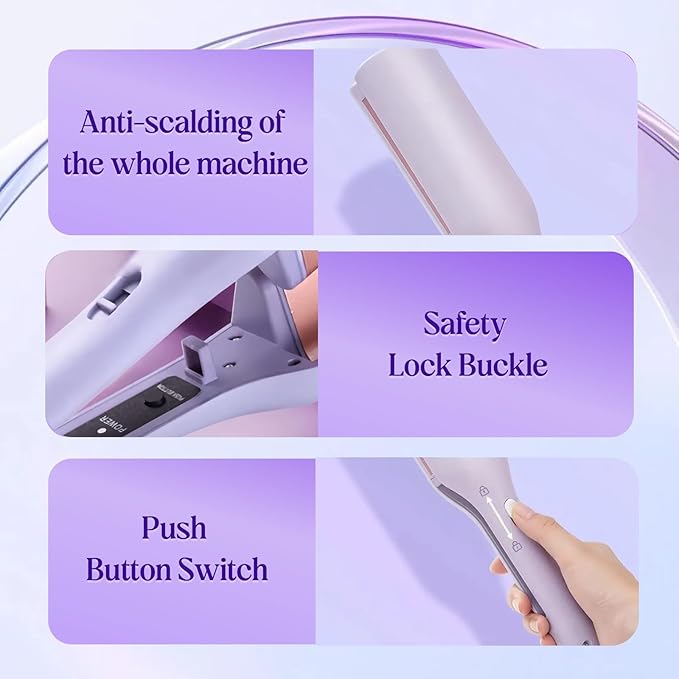 Hair Styling Tool with Negative Ionic Technology 2025 French Wave Curling Iron 3D Curling Iron for Women Fast Heat 4 Gears Lasting Beach Waves (Purple)