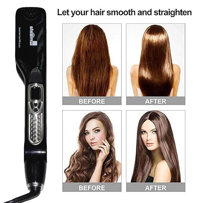Professional Steam Hair Straightener Electric Fast Steam Hair Straightener Brush Titanium Ceramic Flat Iron with Anti-Static Technology and Digital Controls Suitable for All Hair Types (Black)