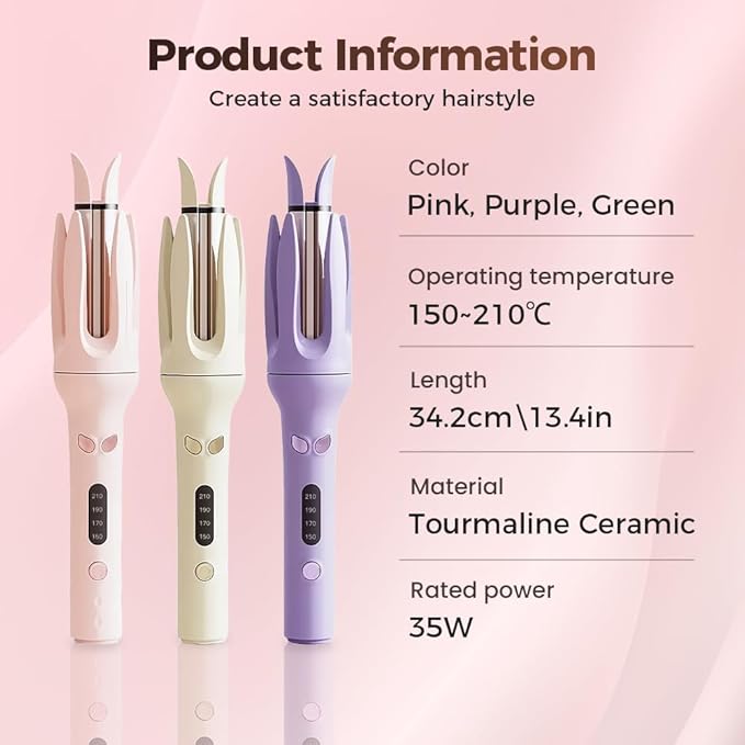 Automatic Hair Curler Auto Rotating Curling Iron with 3 Temp Settings Anti-Scald &amp Anti-Tangle Ceramic Barrel Fast Heating Portable Hair Waver for Travel (Pink)