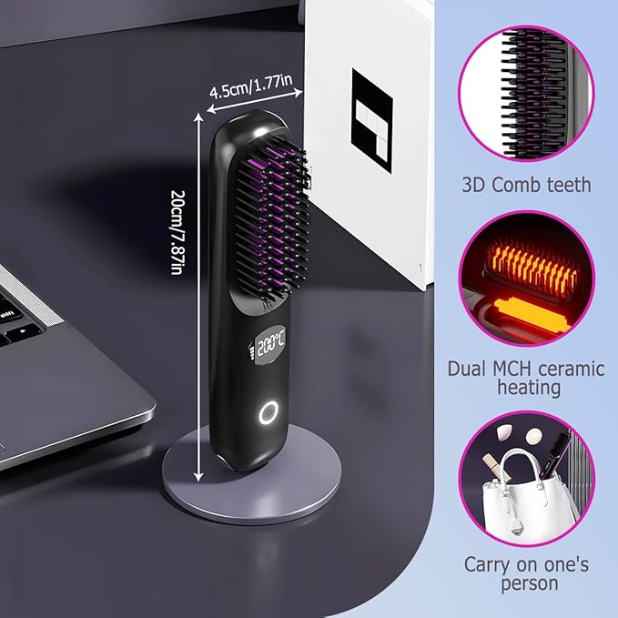 2026 Upgraded Cordless Hair Straightener Brush Fast Heating Portable Hair Straightener Comb for Women Travel Essentials with 3 Adjustable Temperature Black