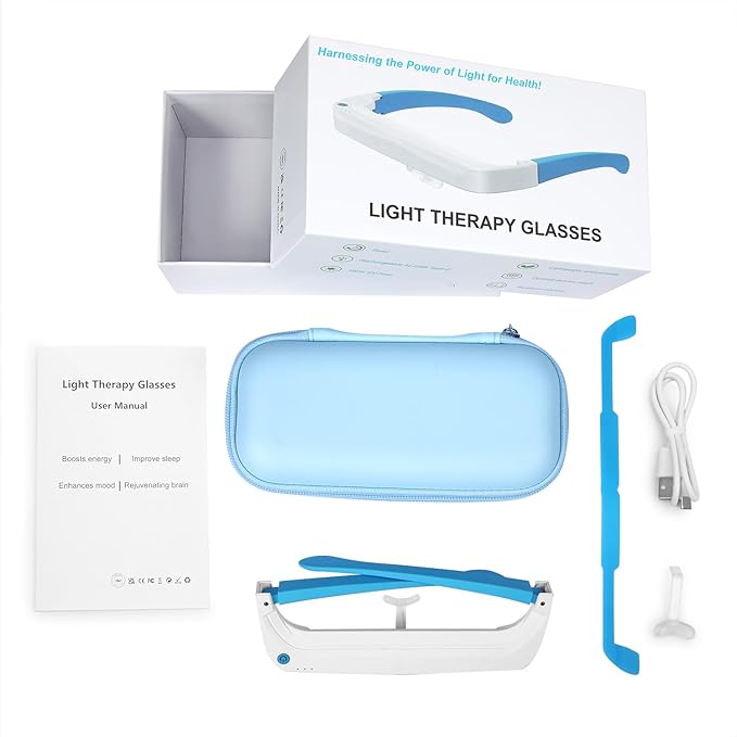 Light Therapy Glasses Blue-White UV-Free Light Therapy Lamp Portable Daylight Lamp Wearable Sunlight Lamp Boost Energy Relief for Sleep Problems Jet Lag Equivalent to 10000 Lux
