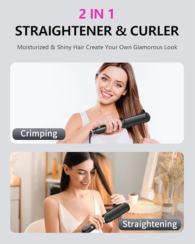 Hair Crimper Waver Professional Hair Straightener Beach Waves Curling with 4 Interchangeable Ceramic Plates | Auto Temp Control for All Hair Types | Quick Heat Wide Plate Styling Tool &amp Straighte