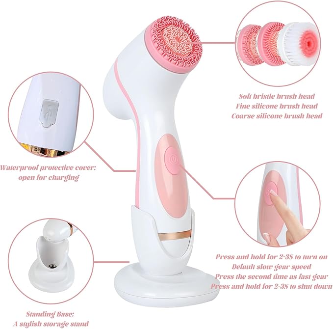 Facial Cleansing Brush 3in1 Silicone Face Scrubber Waterproof Facial Scrubber for Deep Cleansing Rechargeable Face Exfoliation Brush with 2 Adjustable Speeds Face Spin Brush for Women Men (Pink)