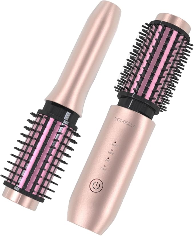 Youbella Cordless Hair Curling Iron Brush Mini Travel Hot Straightener Comb 3-in-1 Portable Wave Curling Wand 1.5″ Ionic Heated Brush USB Rechargeable Hair Curler Pink – No Automatic Rotation