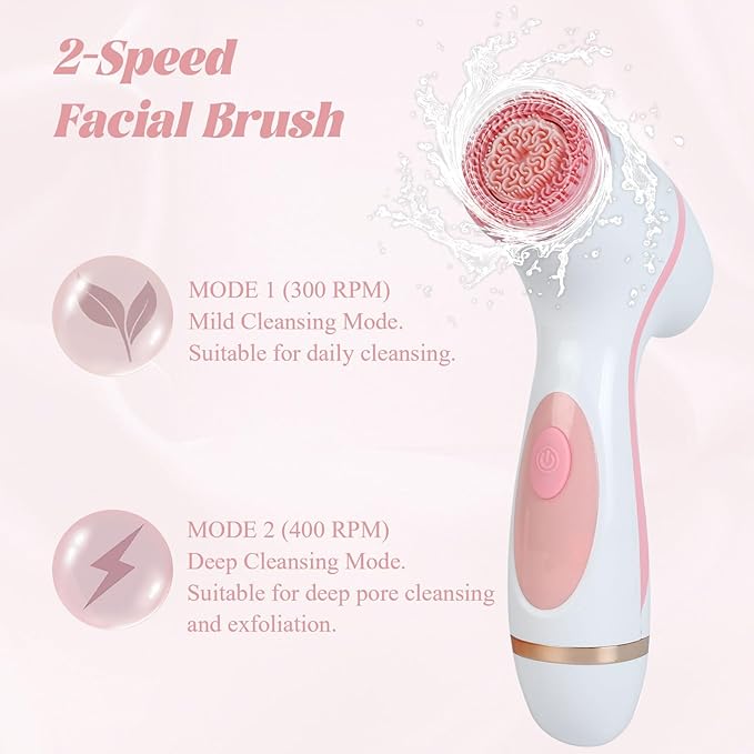 Facial Cleansing Brush 3in1 Silicone Face Scrubber Waterproof Facial Scrubber for Deep Cleansing Rechargeable Face Exfoliation Brush with 2 Adjustable Speeds Face Spin Brush for Women Men (Pink)