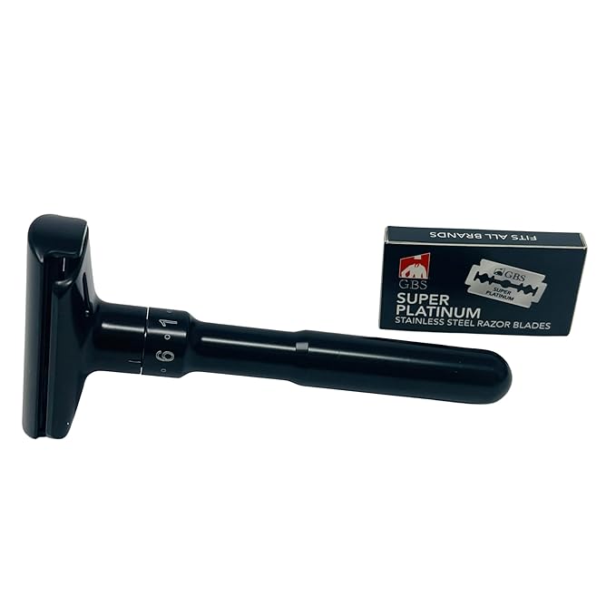 G.B.S Double Edge Safety Razor – Premium Black Steel Shaving Razor with Weighted Handle Leather Travel Case &amp 10 DE Blades – Smooth Close and Comfortable Shave for Men