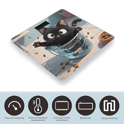 Black Cat Weight Scale Cute Bathroom Scale for Body Highly Accurate Digital Weighing Machine for People Compact LCD Display Scales with Sturdy Toughened Glass Scales