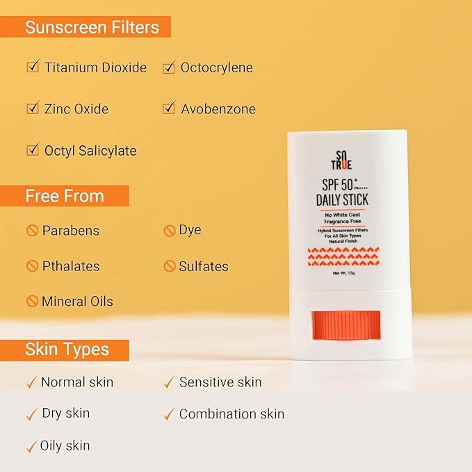 Sotrue SPF 50+ Daily Sunscreen Stick 15g | Lightweight Water Resistant | No White Cast | Broad Spectrum PA++++ | Non Sticky With Dewy Finish | Mess Free Sun Protection | Suitable for Face &amp Body