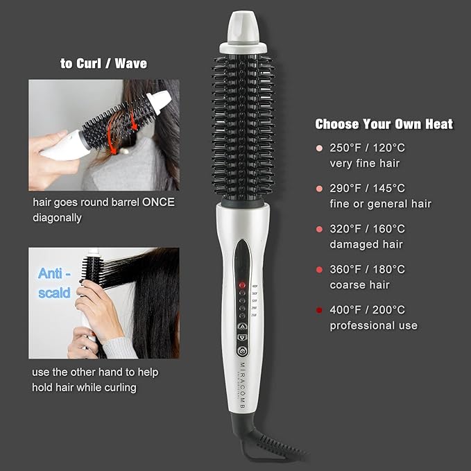 MIRACOMB Professional Hair Curler Straightening Brush | Ceramic Heated Round Brush | 1 Comb Flat Iron Straightener | Anti-Frizz Curl Wand Iron Roller with 5 Heat Settings Cool Touch Auto off White