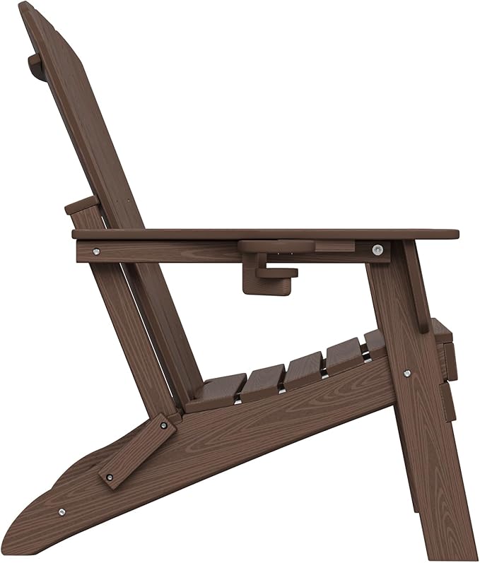 Plawdlik Folding Adirondack Chair SGS Tested Wooden Textured with Cup Holder Heavy All-Weather HDPE Comfortable Set Poolside Backyard Lawn Coffee