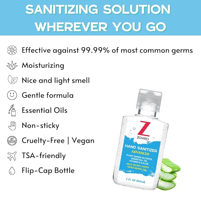 Zoviro Hand Sanitizer Gel 2 Fl Oz Flip-Cap Bottle Moisturizing with Essential Oils and Aloe Refreshing Scent Rinse-Free Formula Mini Hand Sanitizer Travel Size (Pack of 50)