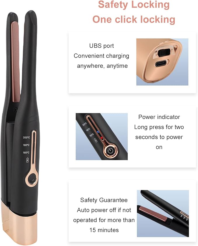 BRRNOO Cordless Flat Iron with Dual Function 4800mAh Battery for All Hair Types Small Flat Iron PI Film Heating Auto Temperature Control Black